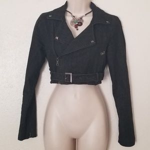 Forever 21 Black Denim Cropped Moto Jacket Women S